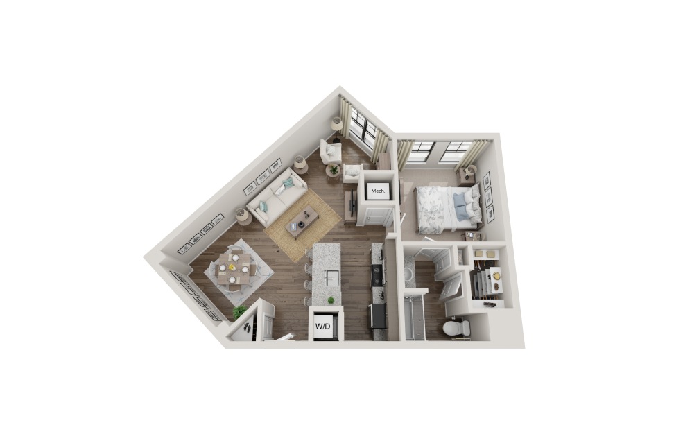 A1F - 1 bedroom floorplan layout with 1 bathroom and 849 square feet