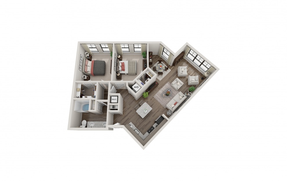 B1B - 2 bedroom floorplan layout with 1 bath and 1104 square feet.