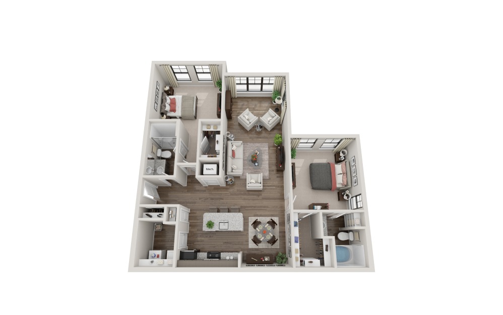 B2E - 2 bedroom floorplan layout with 2 bathrooms and 1266 square feet