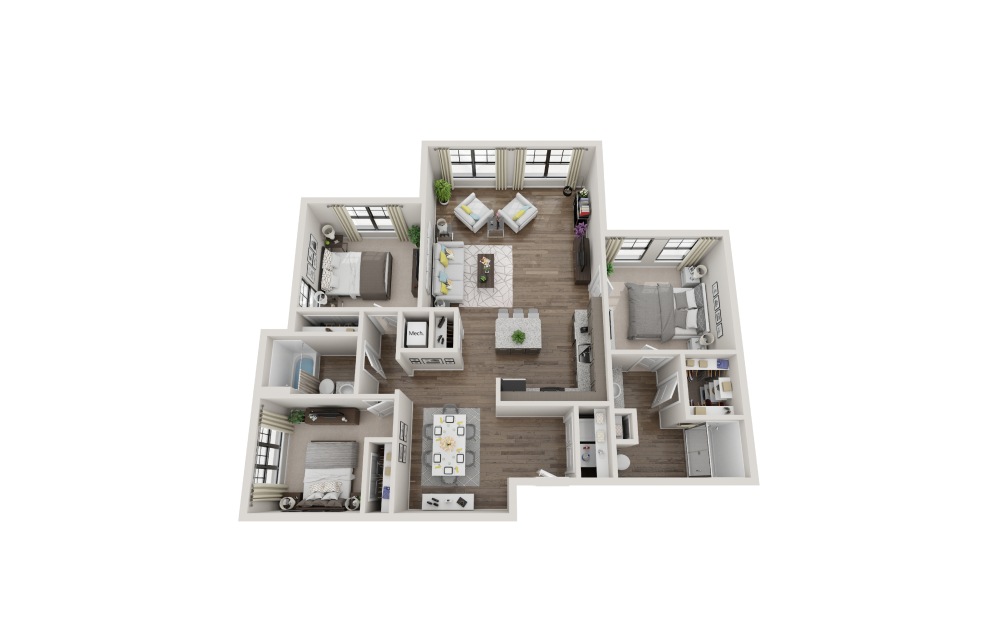 C2C - 3 bedroom floorplan layout with 2 bathrooms and 1354 square feet