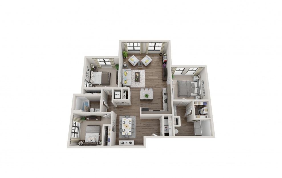 C2C - 3 bedroom floorplan layout with 2 baths and 1354 square feet.