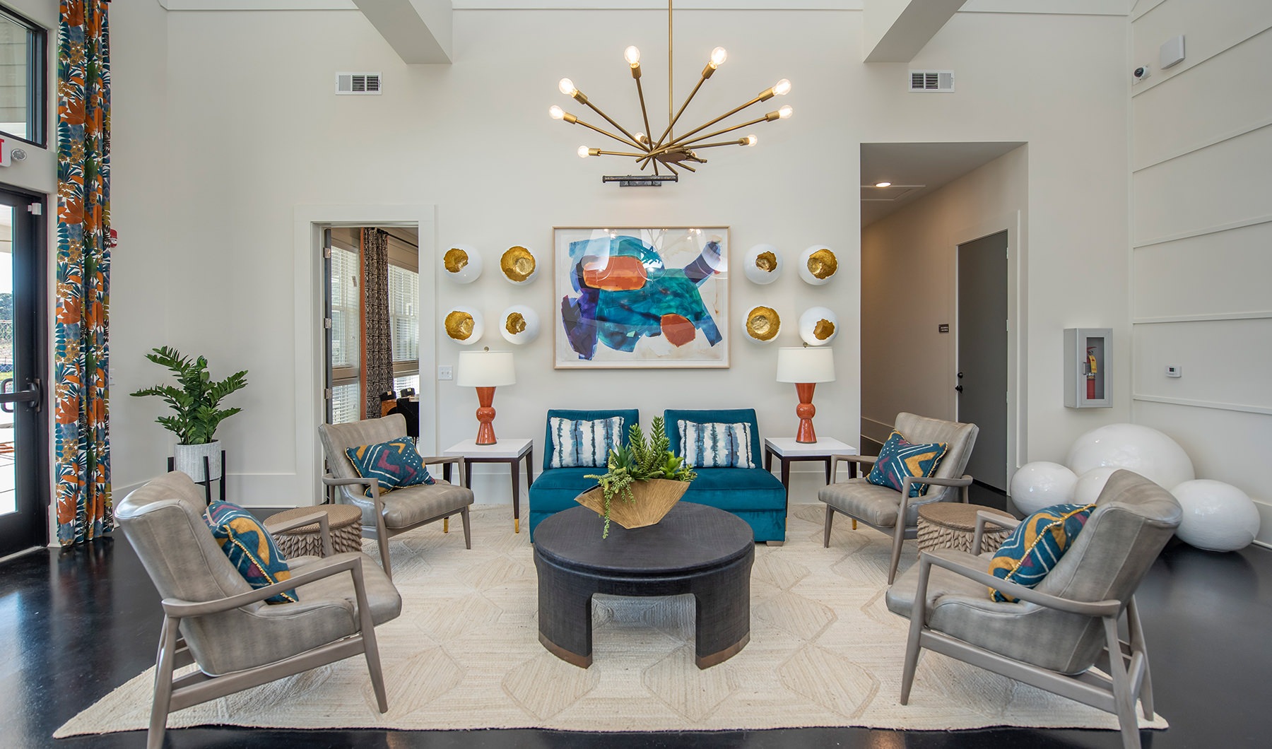 Vibrant common area with ample plush seating