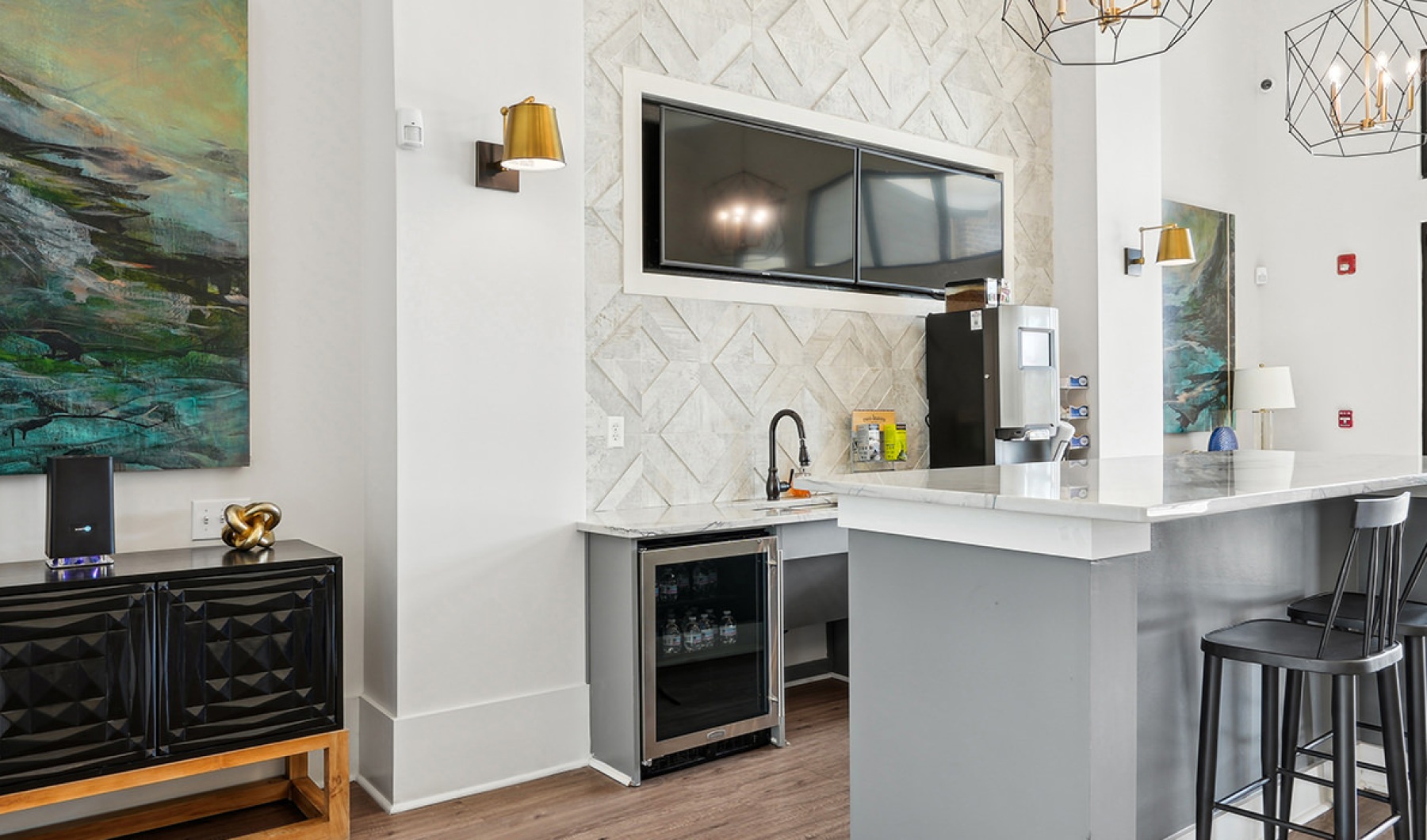 kitchen with stainless steel appliances and white counters